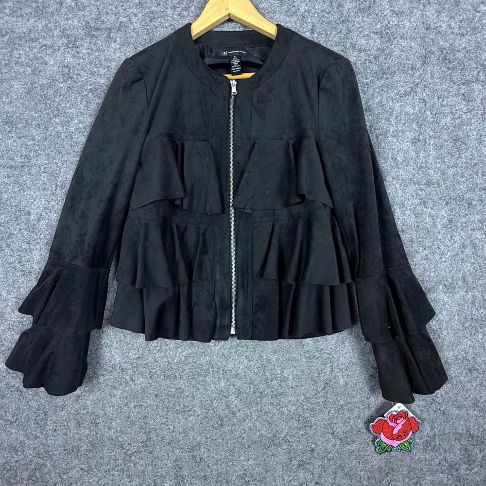 Anna Sui INC International Concepts Faux Suede Jacket Womens Small Black Ruffle